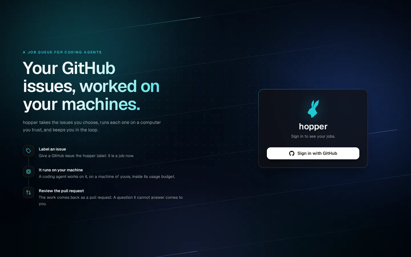 The hopper's sign-in page: a Sign in with GitHub button beside what the hopper does in three steps.