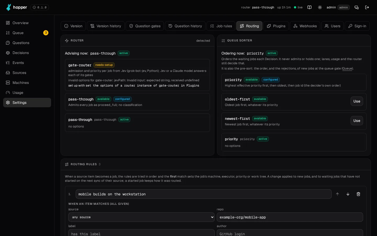 Settings → Routing: the router, the queue sorter and three routing rules.