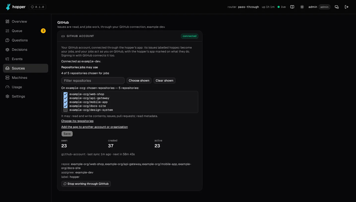 The Sources view: a connected GitHub account with four of its repositories chosen for jobs.